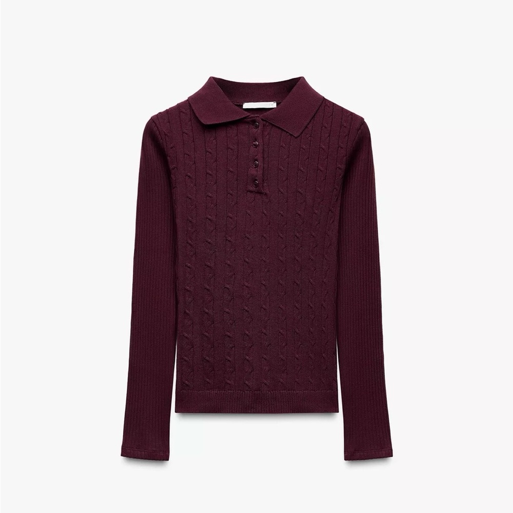 Zara Ribbed Polo Cardigan in Wine